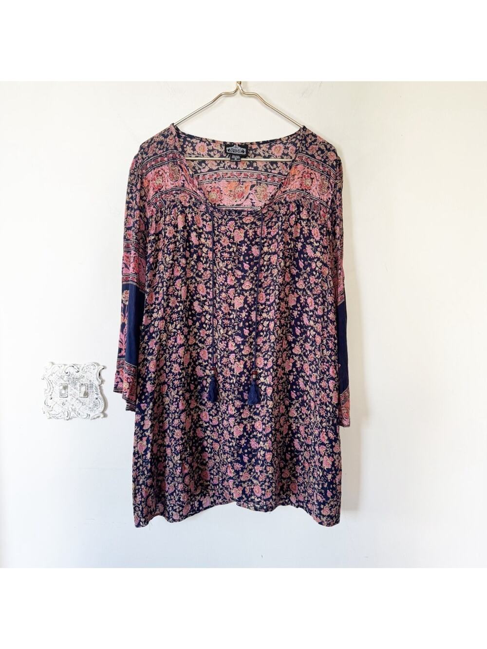 Angie Navy and Pink Paisley Floral Boho Bell Sleeve Mini Dress S